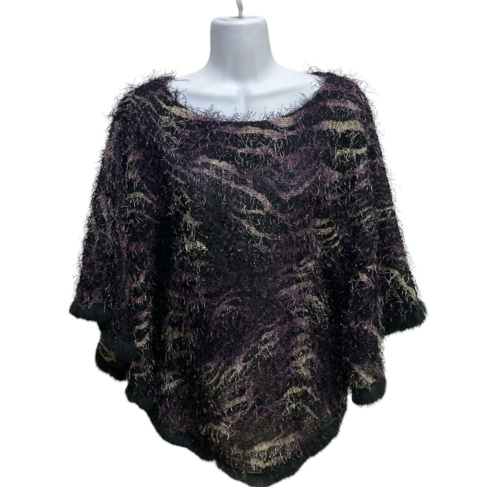 Alberto Makali Fringed Poncho Sweater‎ XS Purple Zebra Print Oversized NO BELT